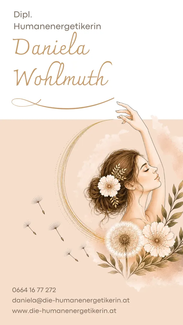 Visitenkarte von Daniela Wohlmuth, Dipl. Humanenergetikerin, mit Kontaktdaten
